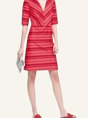 Banana Republic Red & Pink Chevron Stripe V-Neck A-Line 3/4 Sleeve Dress Size 6